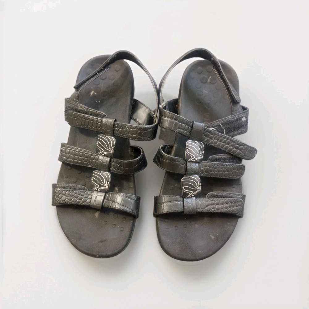 Vionic Women's Amber Black Slingback Sandals Shoes 3 Strap w/ Medallion Size 7